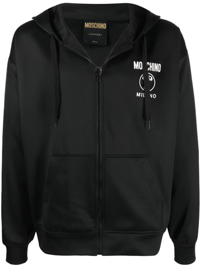 Moschino Logo-print Zip-up Hoodie In Black