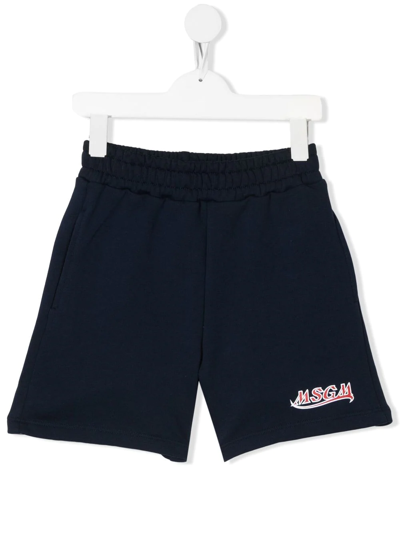 Msgm Teen Logo-print Cotton Track Shorts In Blue