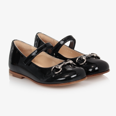 Gucci Kids' Girls Black Leather Ballerina Shoes In Back