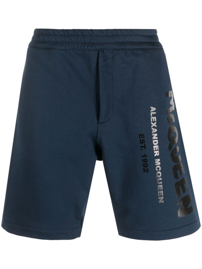 Alexander Mcqueen Jersey Logo-print Shorts In Blue