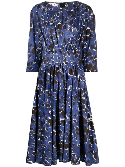 Marni Brushstroke Animal-print Cotton Midi Dress In Blue