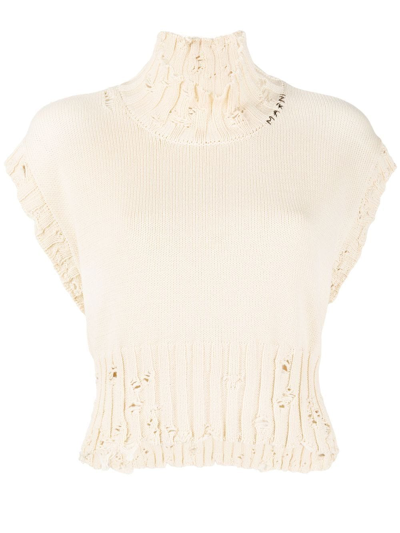 Marni Distressed High-neck Cropped Cotton Sweater Vest In Stone White