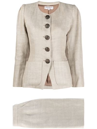 Pre-owned Saint Laurent 1990s Single-breasted Linen Skirt Suit In Neutrals