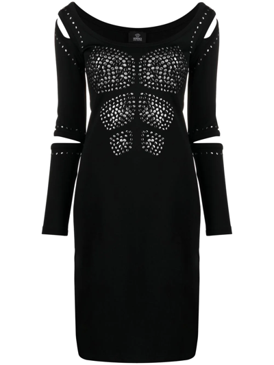 Pre-owned Versace 2010 Studded Cut-out Fitted Dress In Black