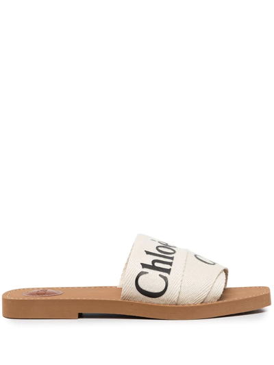 Chloé Woody Flat Logo Ribbon Slide Sandals In White