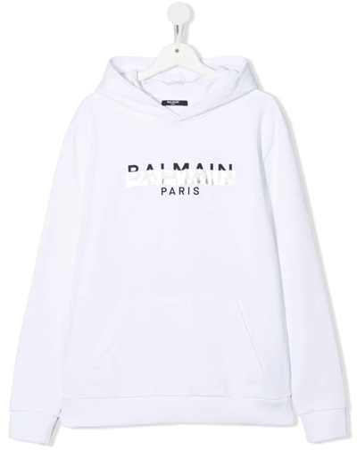 Balmain Kids' 金属感logo印花连帽衫 In White