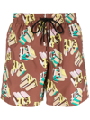 Palm Angels X Vilebrequin Brown Monogram Print Swim Shorts In Brown,yellow,green