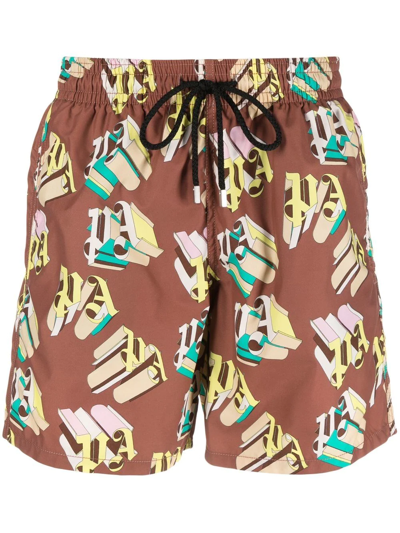 Palm Angels X Vilebrequin Brown Monogram Print Swim Shorts In Brown