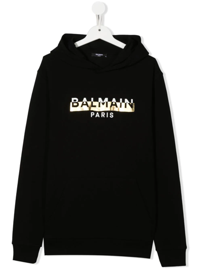 Balmain Teen Logo-print Pullover Hoodie In Black
