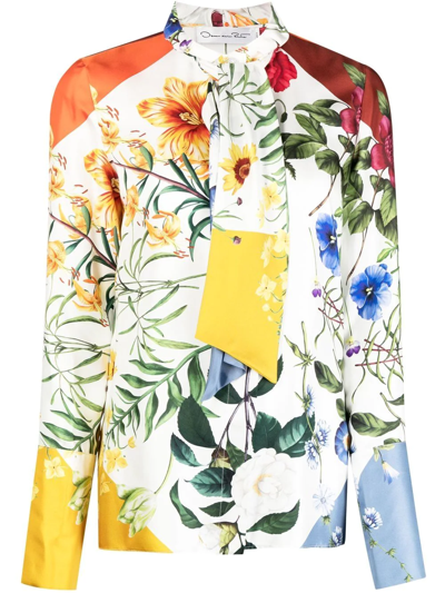 Oscar De La Renta Tie-neck Floral-print Silk-satin Twill Shirt