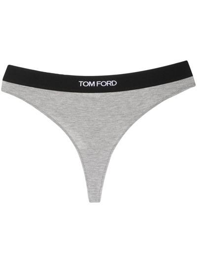 Tom Ford Logo-waistband Thong In Grey