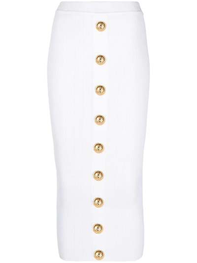 Balmain Hw Buttoned Knit Midi Skirt In White