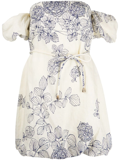 Alexis Muscari Off-the-shoulder Belted Floral Linen Mini Dress In Iris