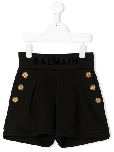 Balmain Kids' Logo-print Decorative-buttons Shorts In Black