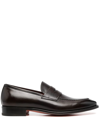 Santoni Blooming Black Leather Penny Loafers In Brown