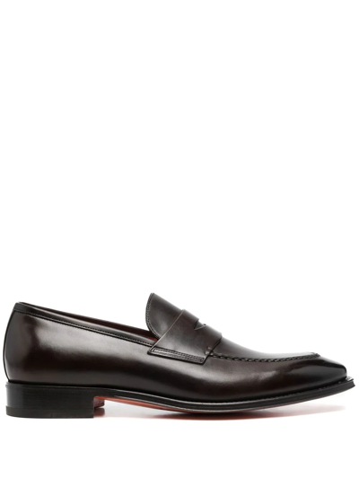 Santoni Blooming Black Leather Penny Loafers