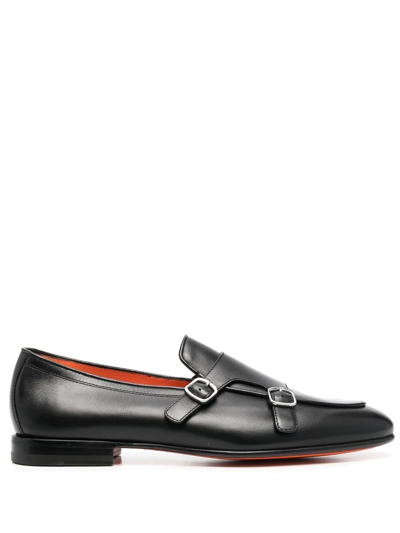 Santoni Double-buckle Leather Monk Shoes In Black