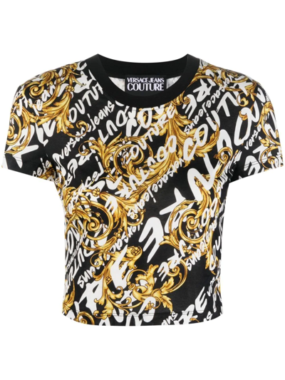 Versace Jeans Couture Logo Printed Cropped Jersey Tee In Black,multi