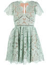 Self-portrait Lace-panelled Flared Mini Dress In Green