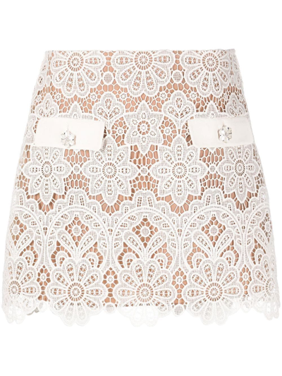 Self-portrait Floral-lace Pocket-embellished Woven Mini Skirt In White