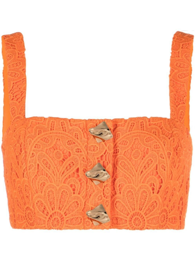 Self-portrait Floral Guipure-lace Cropped Top In Orange