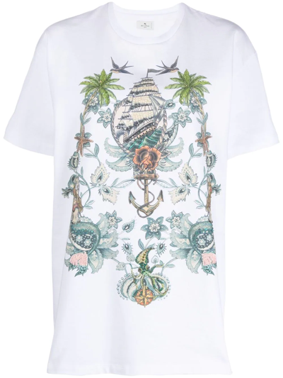 Etro T-shirt With Floral And Tattoo Embroidery In Navy Blue