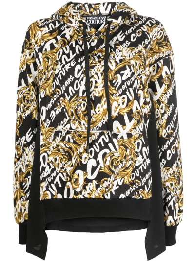 Versace Jeans Couture Garland Logo-print Panelled Hoodie In Black+gold