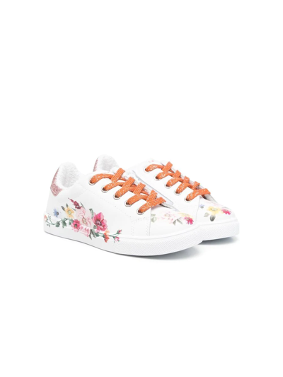 Monnalisa Floral-print Leather Sneakers In Yellow Cream