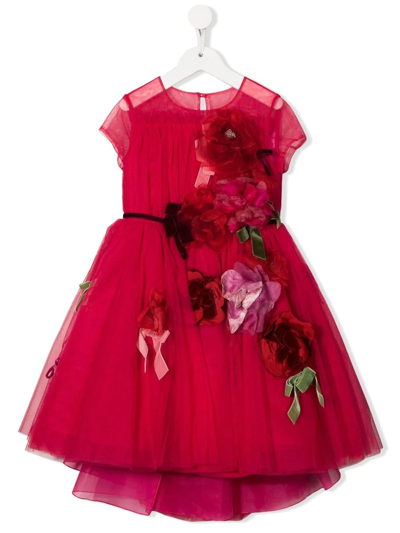 Marchesa Couture Kids' Floral Appliqué Tulle Dress In Pink