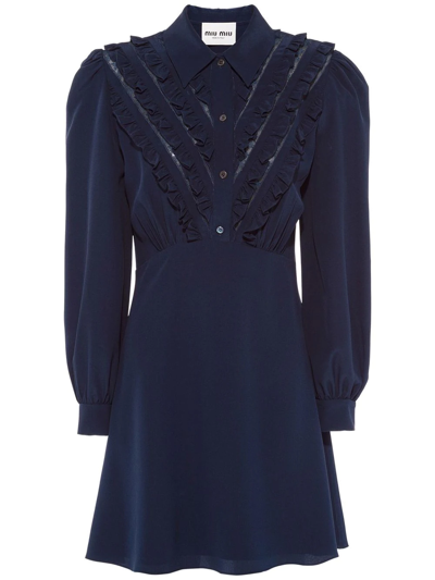 Miu Miu Ruffle-trim Silk Mini Dress In F0008 Bleu