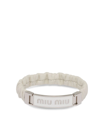 Miu Miu Logo-plaque Leather Bracelet In White