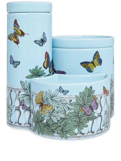 Fornasetti Nel Mentre Set Of Three Scented Candles - Décor Farfalle E Balaustra - Fragrance Giardino Segreto In Multicolour