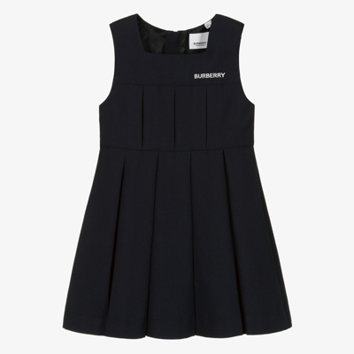 Burberry Kids' Logo-embroidered Box-pleat Dress In Blue
