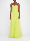 MONIQUE LHUILLIER STRAPLESS RUCHED SWISS DOT TULLE GOWN