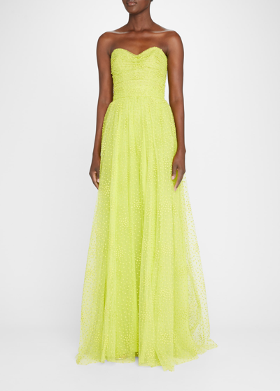 Monique Lhuillier Strapless Ruched Swiss Dot Tulle Gown In Chartreuse
