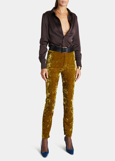 Saint Laurent High Waist Crushed Stretch Velvet Skinny Trousers In Lilas