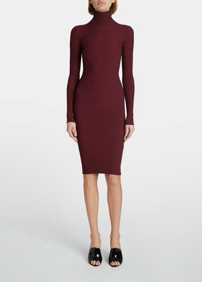 Alaïa Ribbed Knee-length Turtleneck Bodycon Dress In Bordeaux