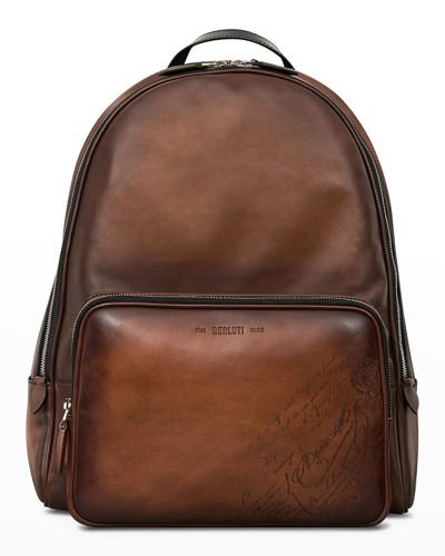 Berluti Men's Time Off Scritto Swipe Leather Backpack In Brown