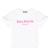 Balmain Ruffled Logo Cotton T-shirt In 100fu-bianco/fuxia