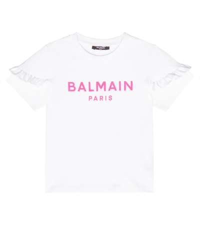 Balmain Kids' Ruffled Logo Cotton T-shirt In 100fu-bianco/fuxia