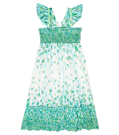 Poupette St Barth Kids' Cindy Shirred Printed Dress In Green Petale