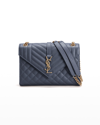 Saint Laurent Triquilt Medium Ysl Monogram Grain De Poudre V Flap Satchel Bag - Golden Hardware In Blue Char