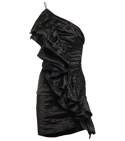 Bottega Veneta One-shoulder Ruffled Cotton And Satin Blend Mini Dress In Black