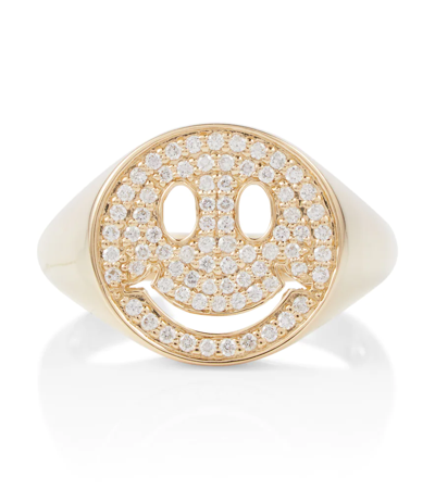 Sydney Evan Happy Face 14kt Yellow Gold Signet Ring With Diamonds