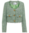 Self-portrait Cropped Button-embellished Metallic Bouclé-tweed Jacket In Green