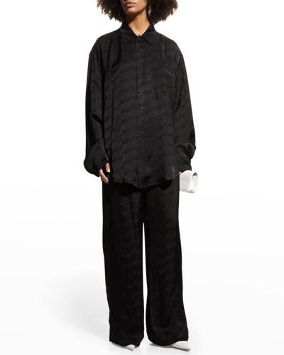 Balenciaga Bb Logo Satin Jacquard Oversized Shirt In Black