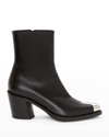 Alexander Mcqueen Boxcar Calfskin Cap-toe Ankle Booties In 1081 Black Silver