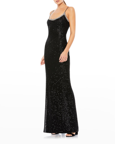 Mac Duggal Rhinestone Encrusted Scoop Neckline Beaded Gown In Black