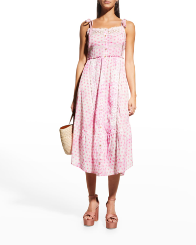Loveshackfancy Carlyle Lace-trimmed Embroidered Floral-print Cotton-voile Midi Dress In Pink