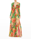 Ieena For Mac Duggal Floral Print Front Twist V Neck Long Sleeve Gown In Green Multi